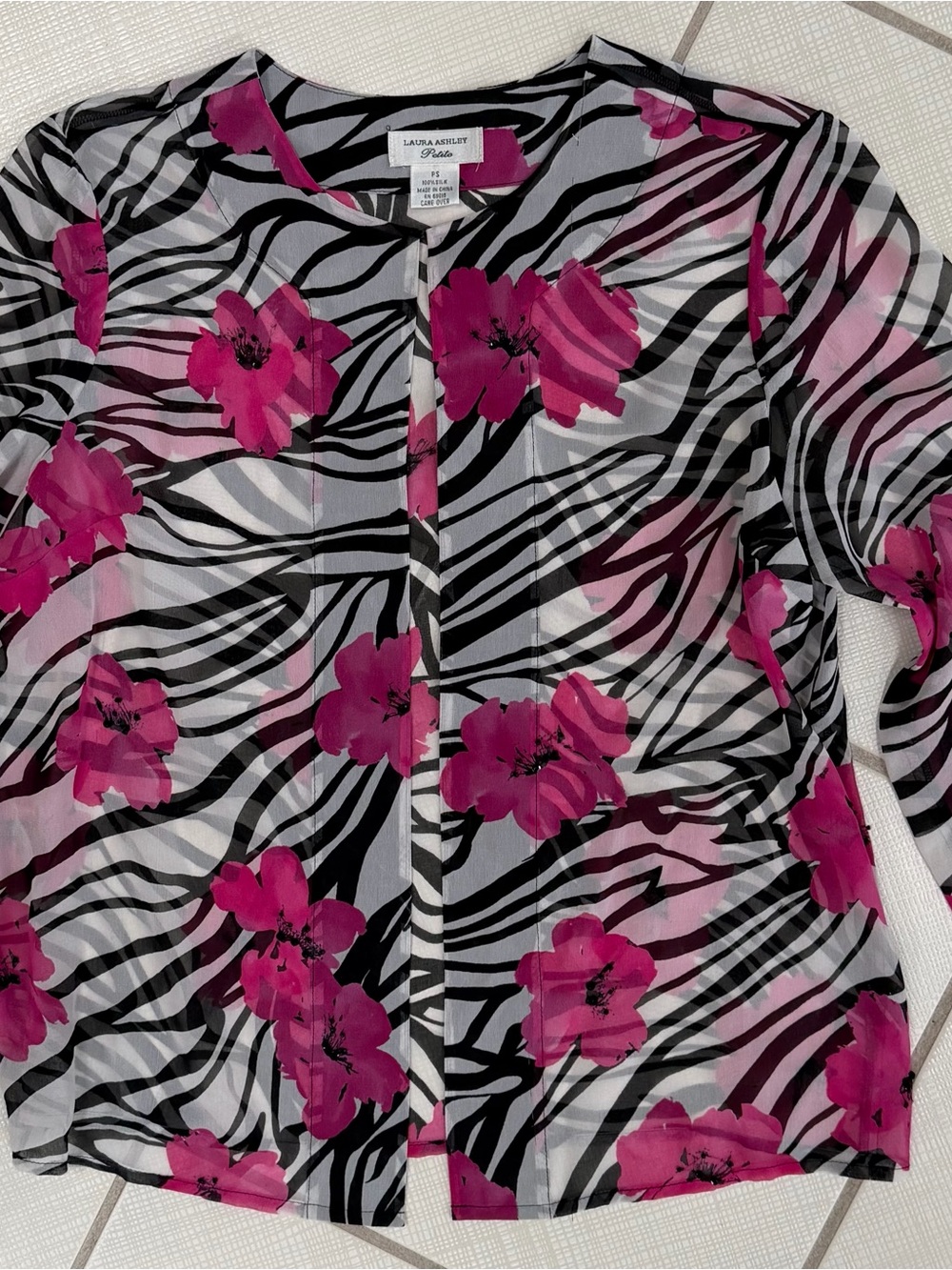 Laura Ashley 100% Silk Pink Floral Black & White Zebra Sheer Blouse